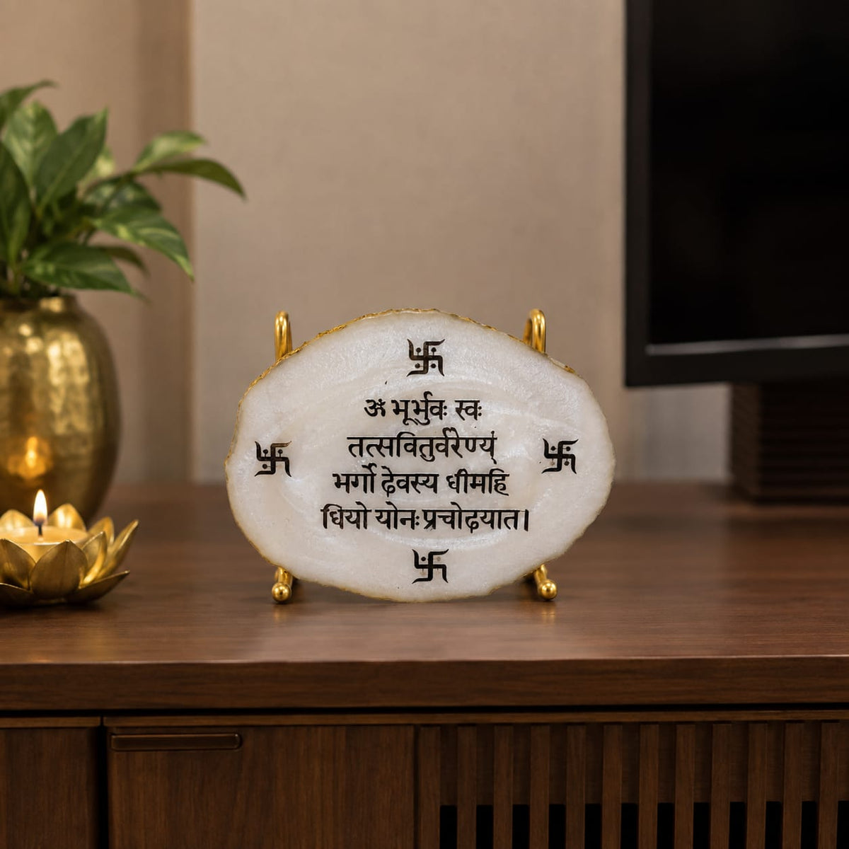 Divine Gayatri Mantra White Agate Table Accent