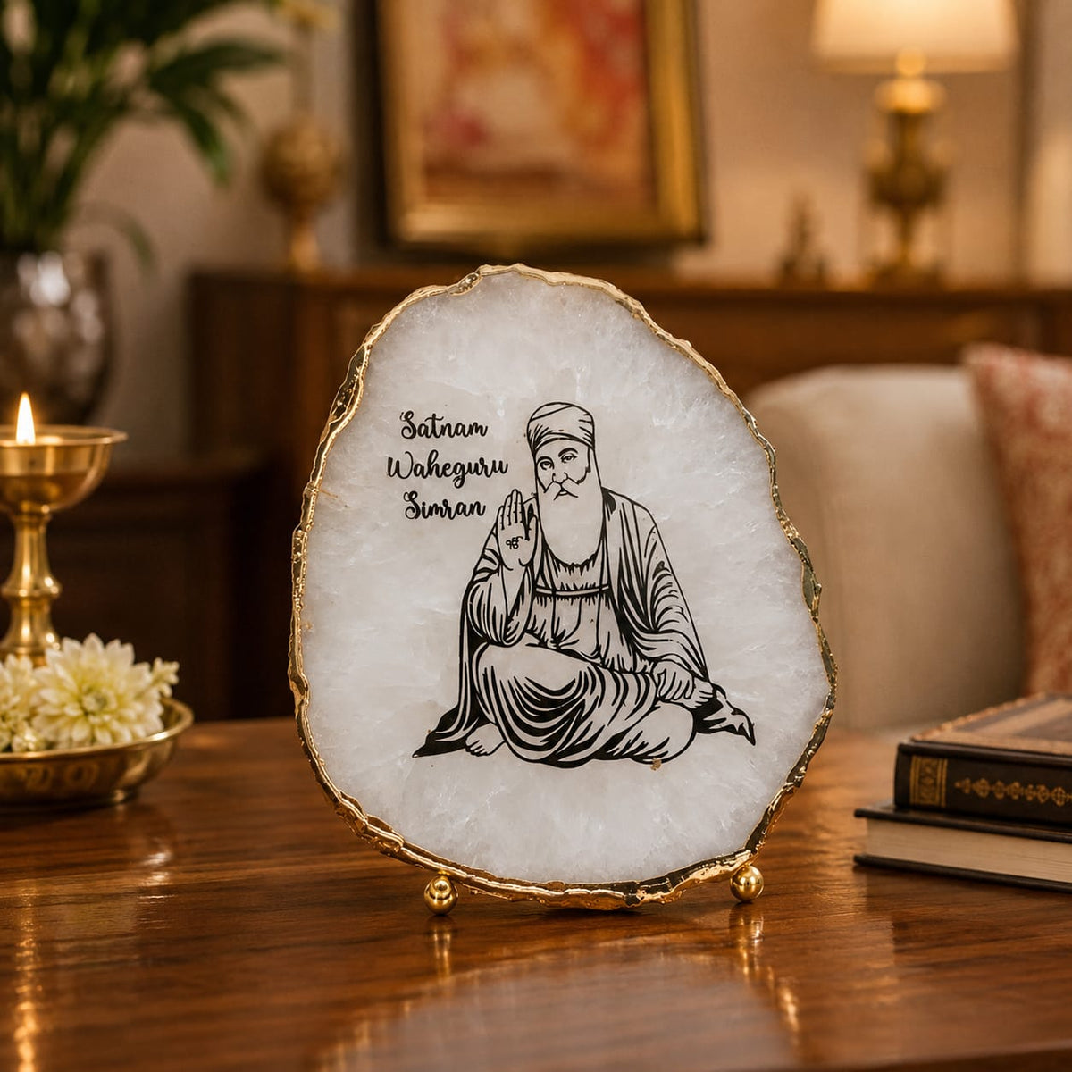 Divine Guru Nanak Dev Ji White Agate Table Accent