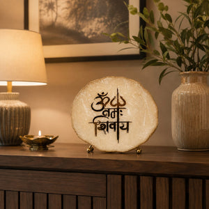Divine Om Namah Shivay White Agate Table Accent