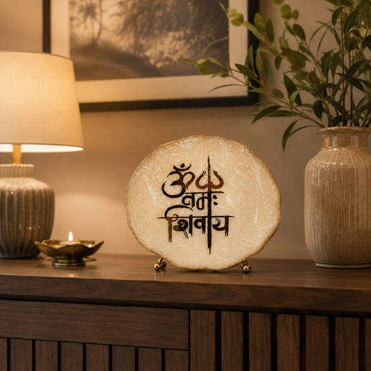 Divine Om Namah Shivay White Agate Table Accent