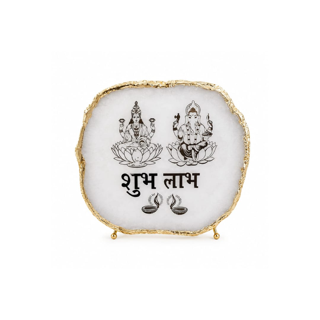 Divine Shubh Labh White Agate Table Accent - close-up detail