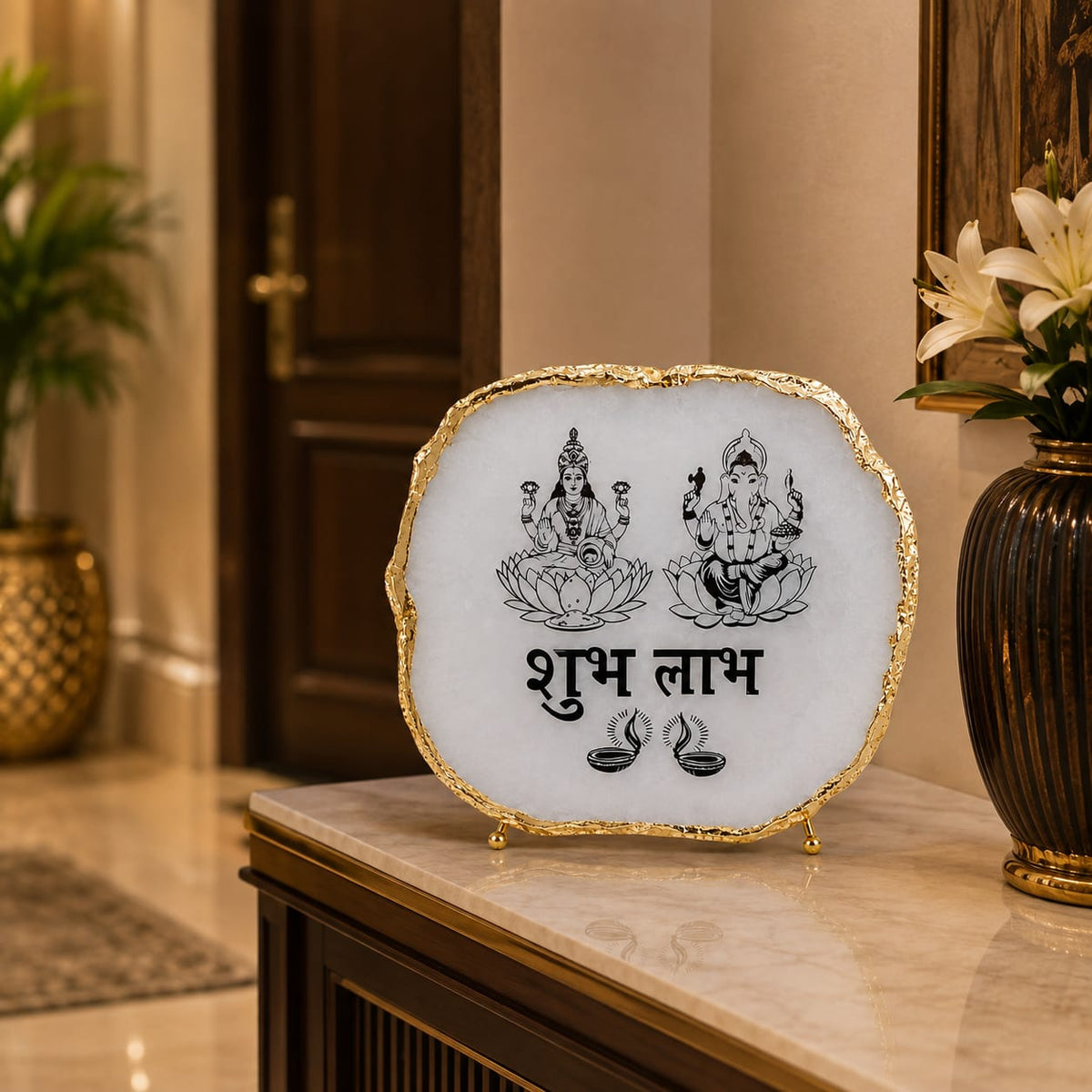 Divine Shubh Labh White Agate Table Accent - detail view