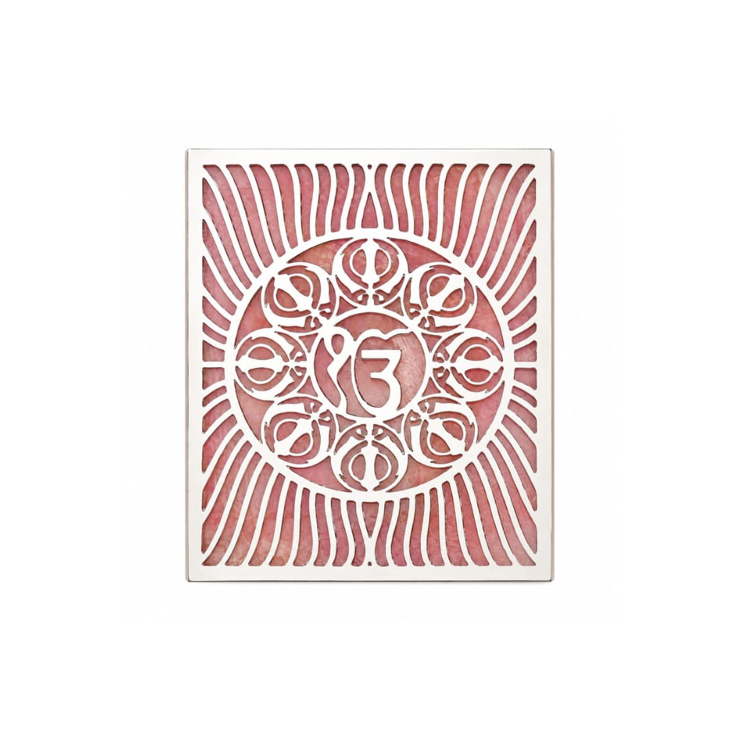 Ek Onkar and Khanda Cut Work Tea Light Holder On Rose Quartz - close-up detail