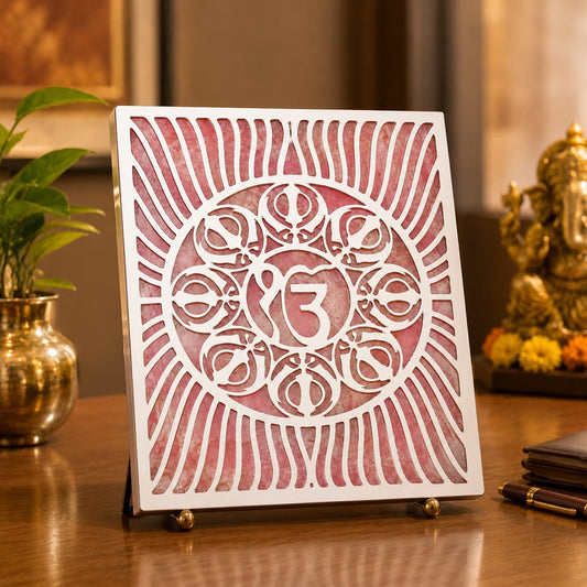 Ek Onkar and Khanda Cut Work Tea Light Holder On Rose Quartz