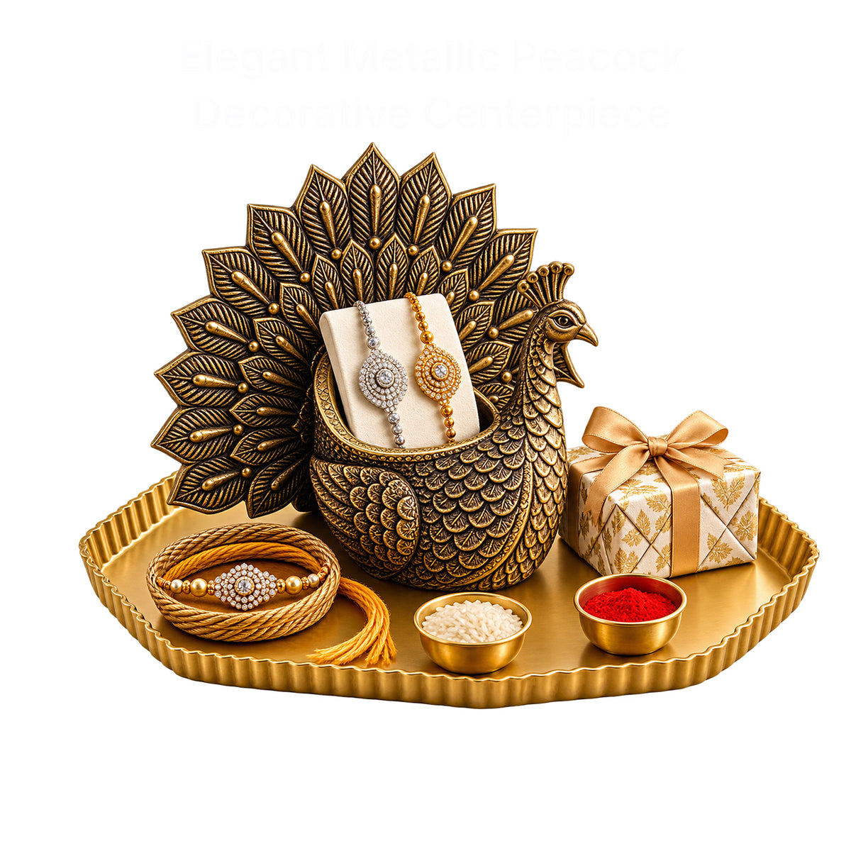 Elegant Metallic Peacock Decorative Centerpiece - close-up detail