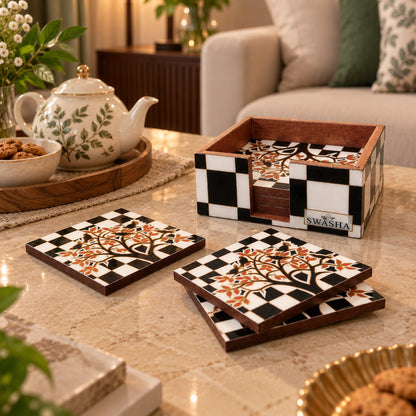 Black and White Checkered Coaster Set with Holde