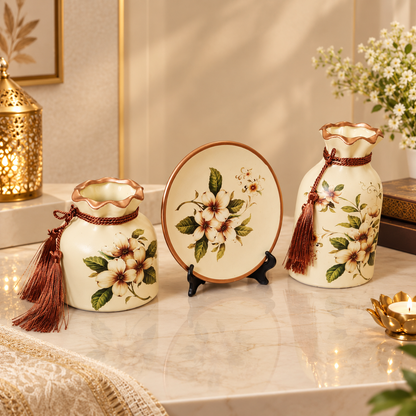 Floral Print and Tassel Ceramic Decor Set