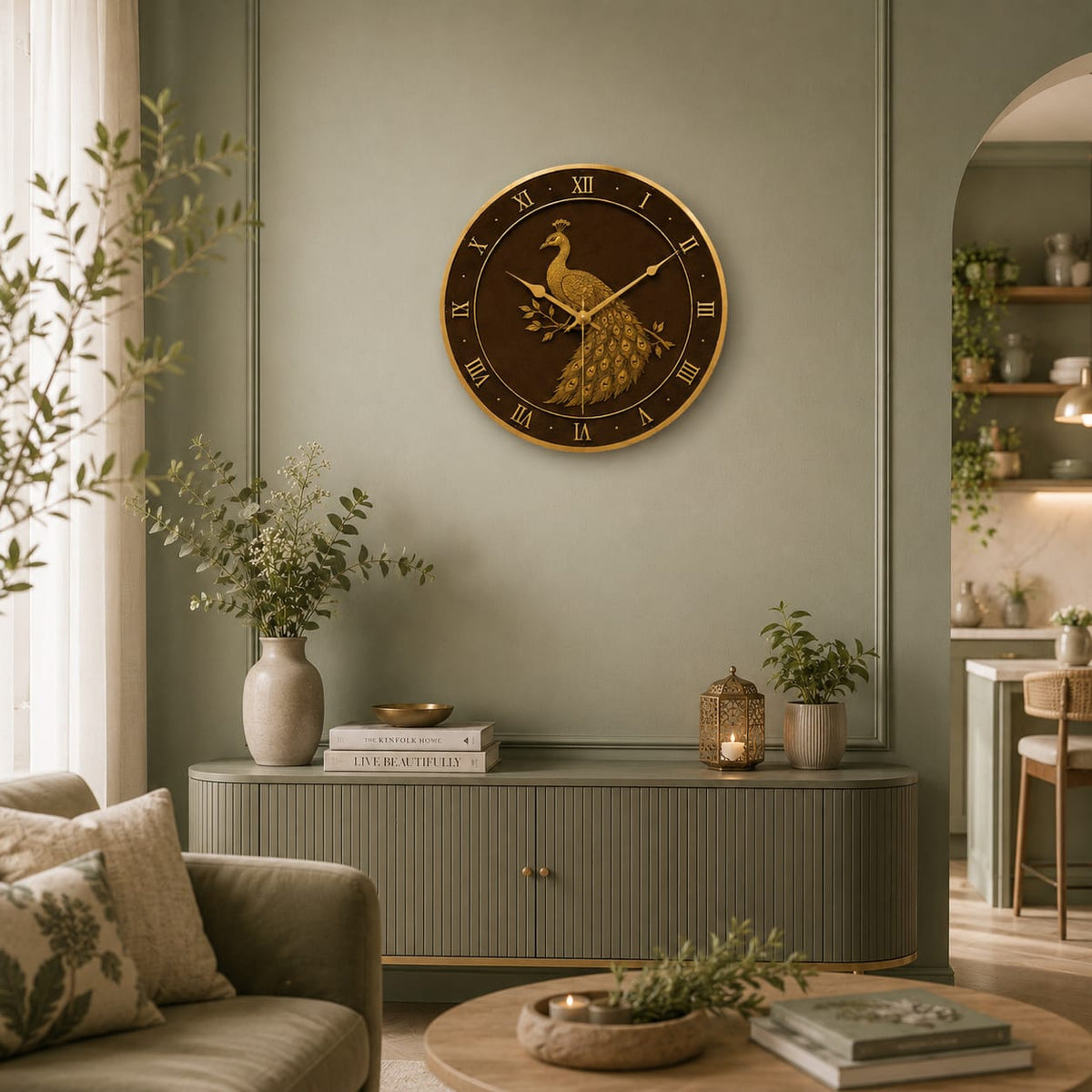 Golden Peacock MDF Wall Clock - detail view