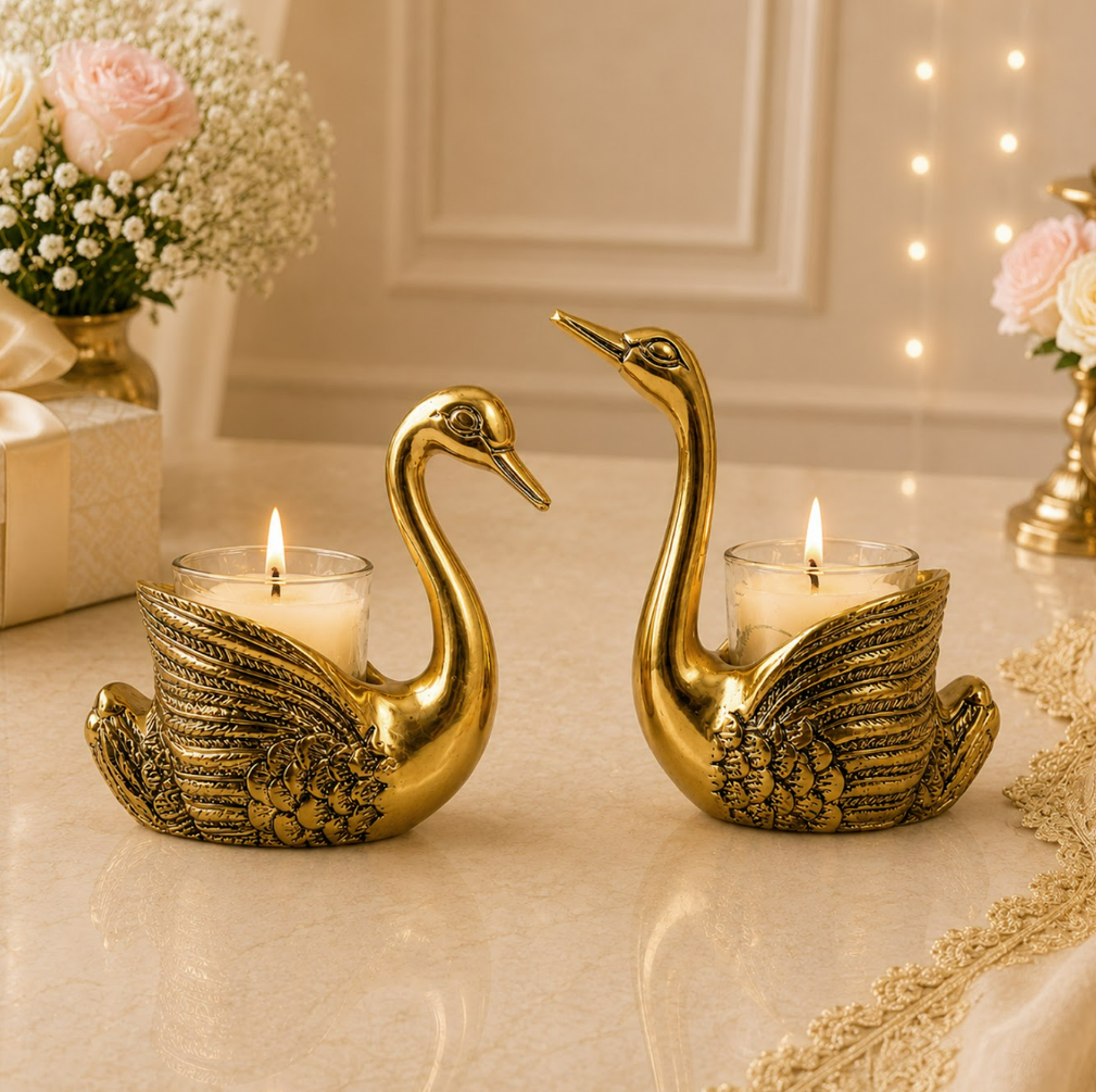 Golden Swan Tealight Candle Holder Set