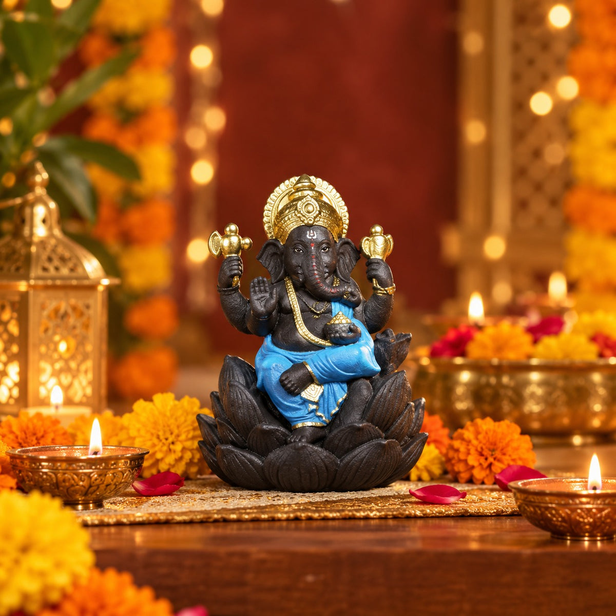 Lotus Seated Ganesha Figurine