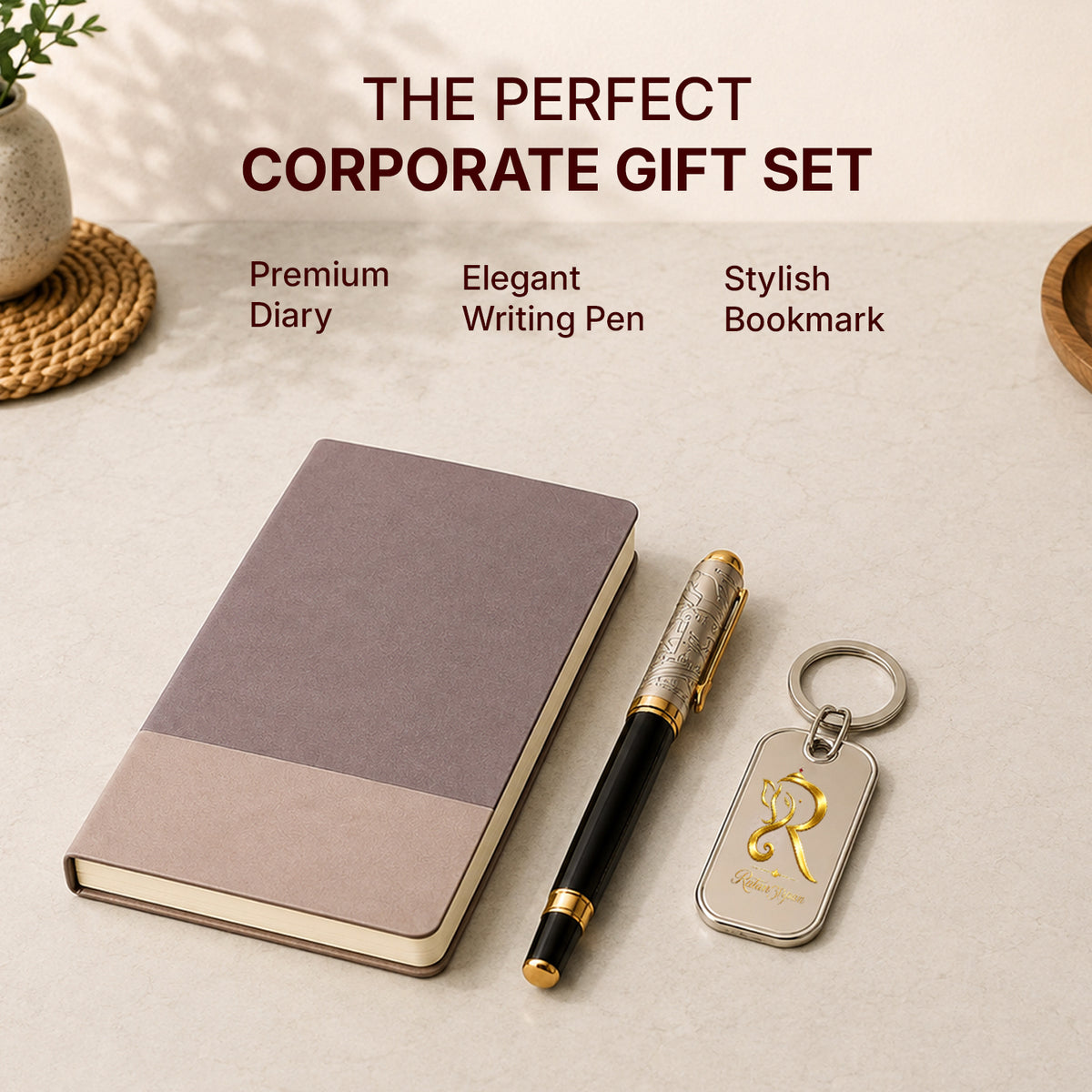 Mauve Luxe Diary with Gold-Black Pen & Keychain - detail view