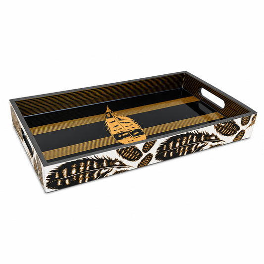 Modern Black and Gold Feather Print Serving Tray