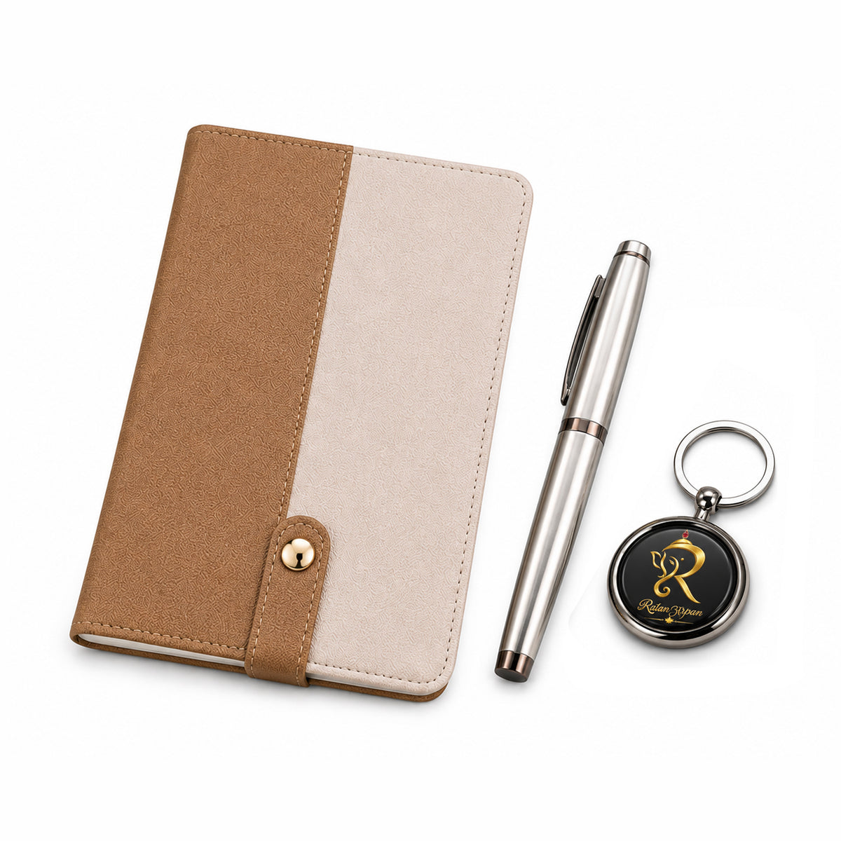 Modern Tan & Cream Executive Diary with Silver Pen & Keychain - close-up detail