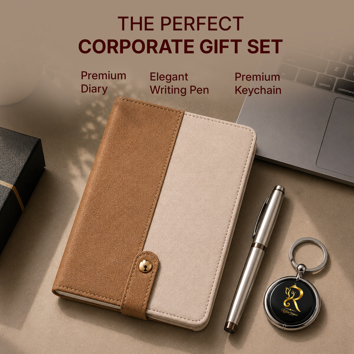 Modern Tan & Cream Executive Diary with Silver Pen & Keychain - detail view