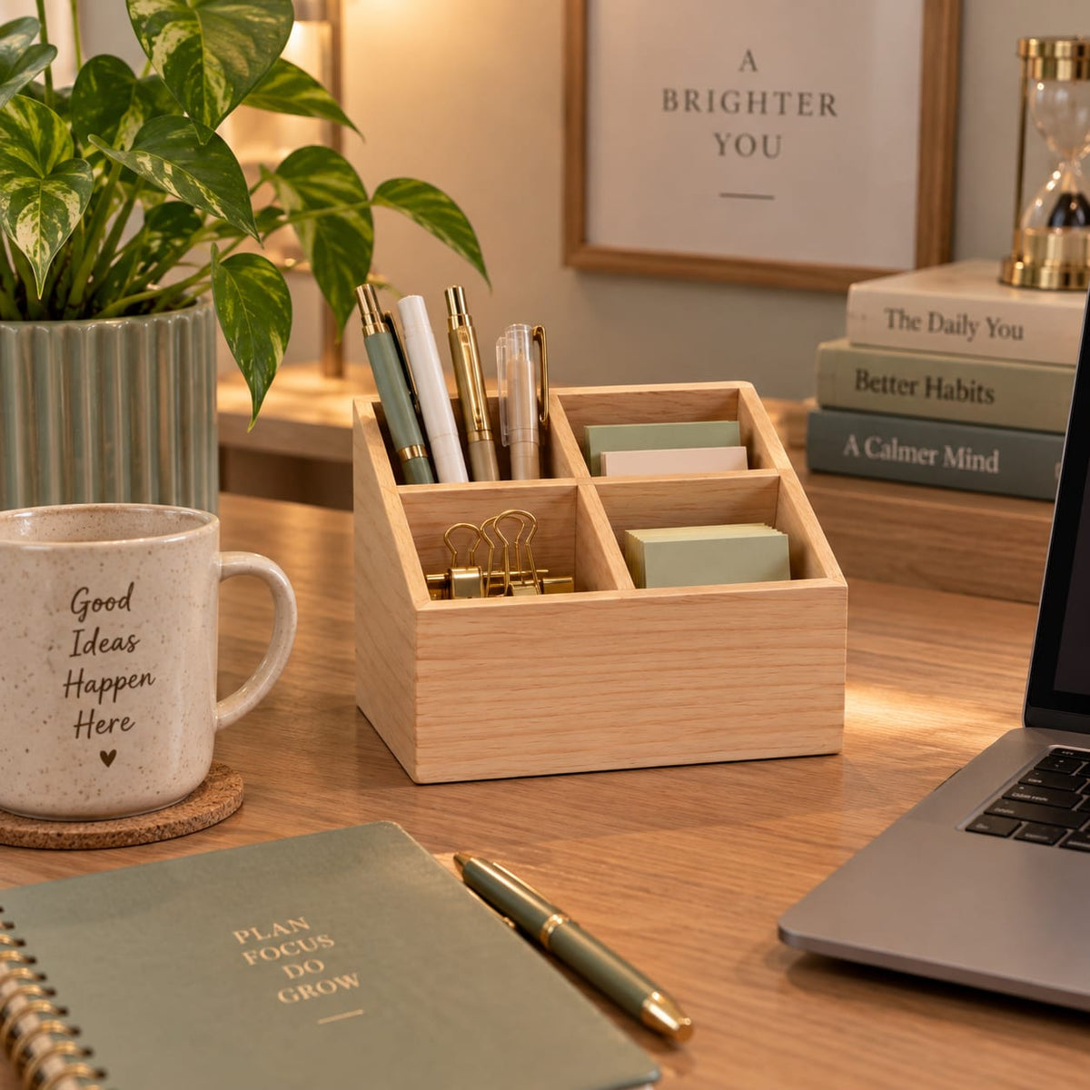 Natural Wooden Four-Compartment Desk Organizer