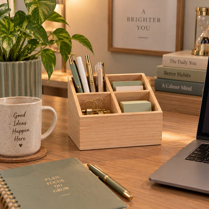 Natural Wooden Four-Compartment Desk Organizer