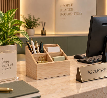 Natural Wooden Four-Compartment Desk Organizer