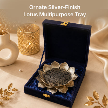 Ornate Silver-Finish Lotus Multipurpose Tray - detail view