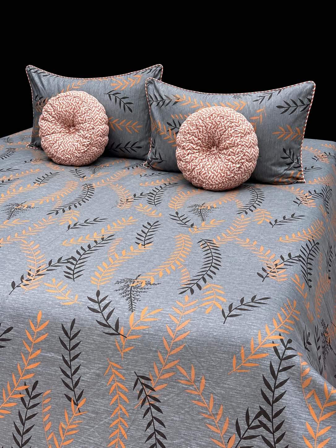 Pure Cotton Grey & Orange Leaf-Pattern Bedsheet Set