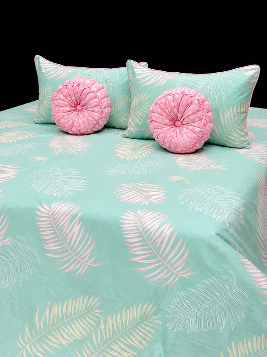 Pure Cotton Mint Green & Pink Leaf-Pattern Bedsheet Set