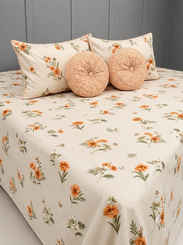 Pure Cotton Orange Floral-Pattern Bedsheet Set