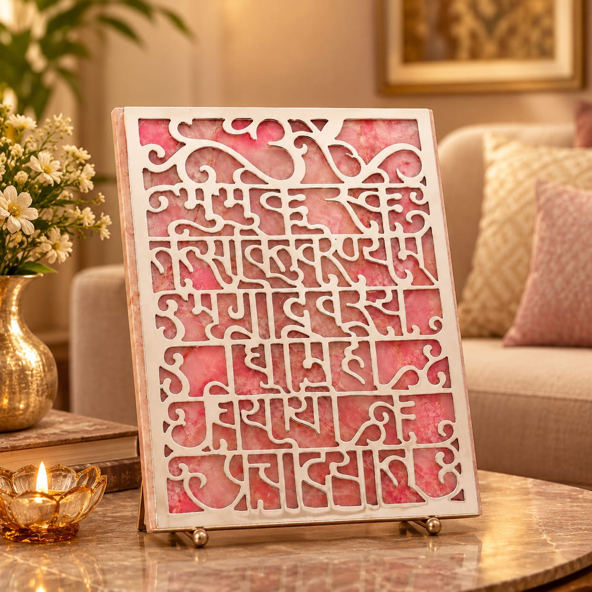 Sacred Gayatri Mantra Rose Quartz Tabletop Accent