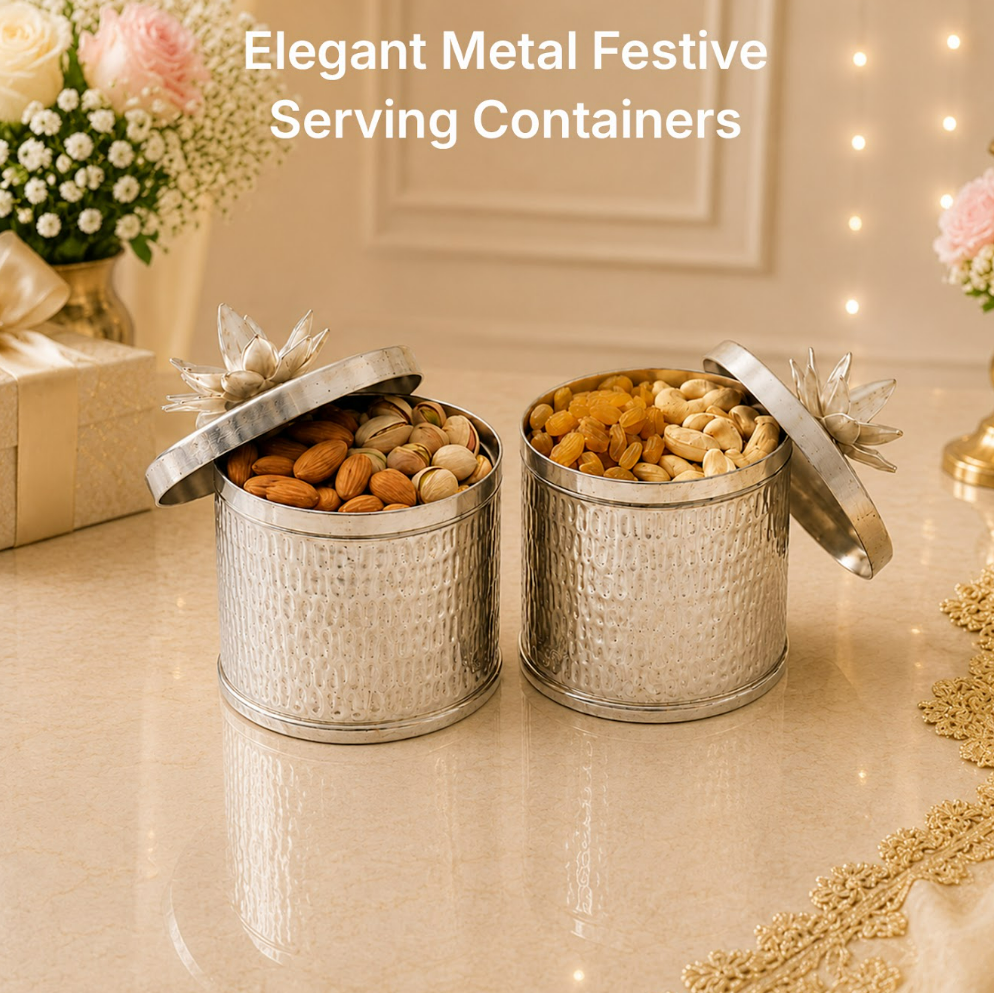 Silver Hammered Storage Containers with Lotus Lid - detail view