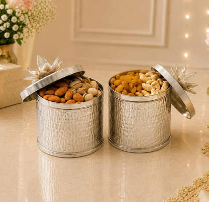Silver Hammered Storage Containers with Lotus Lid