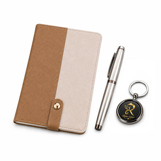 Tan & Cream Executive Diary with Silver Pen & Keychain - close-up detail