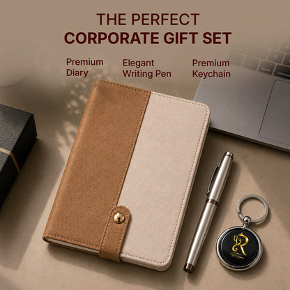 Tan & Cream Executive Diary with Silver Pen & Keychain - detail view