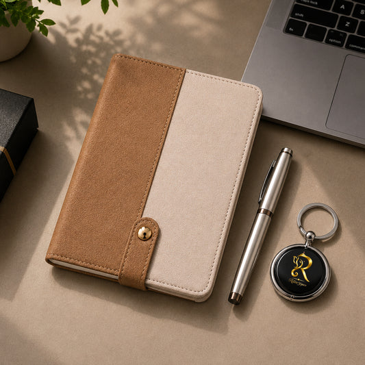 Tan & Cream Executive Diary with Silver Pen & Keychain