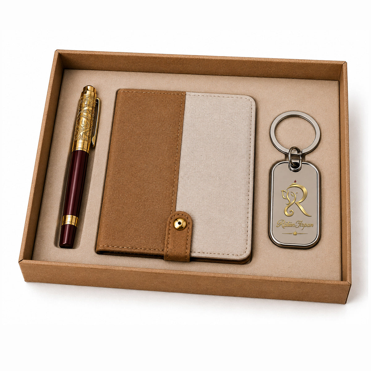 Tan & Cream Luxe Gift Set with Burgundy-Gold Pen & Keychain - close-up detail