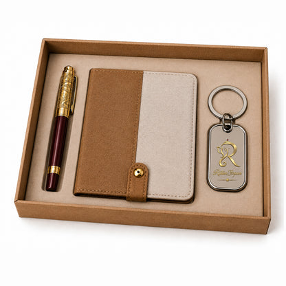 Tan & Cream Luxe Gift Set with Burgundy-Gold Pen & Keychain - close-up detail