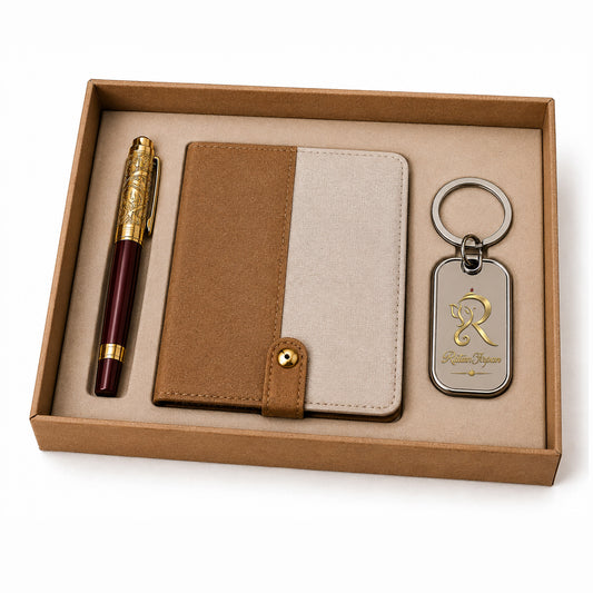 Tan & Cream Luxe Gift Set with Burgundy-Gold Pen & Keychain - close-up detail