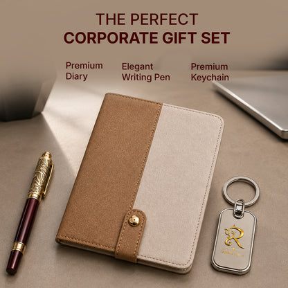 Tan & Cream Luxe Gift Set with Burgundy-Gold Pen & Keychain - detail view