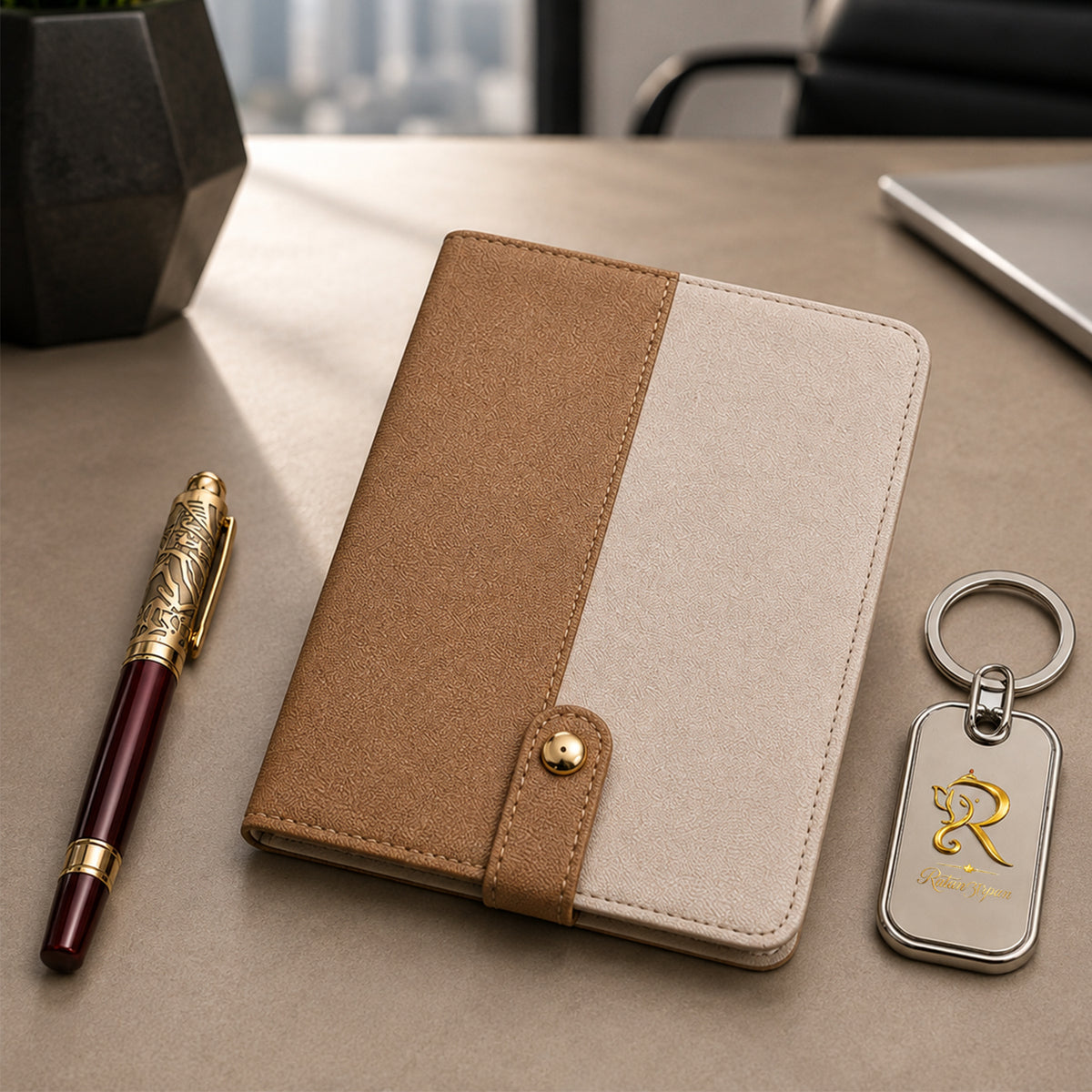 Tan & Cream Luxe Gift Set with Burgundy-Gold Pen & Keychain