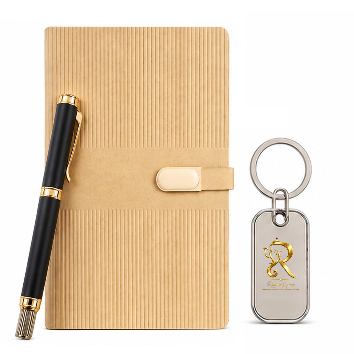 Textured Beige Executive Diary with Black-Gold Pen & Keychain - close-up detail
