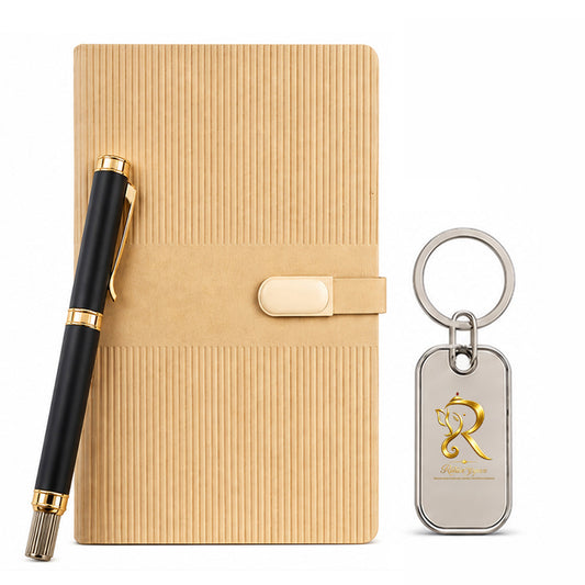 Textured Beige Executive Diary with Black-Gold Pen & Keychain - close-up detail