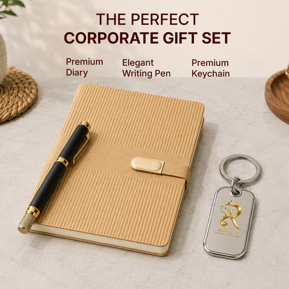 Textured Beige Executive Diary with Black-Gold Pen & Keychain - detail view