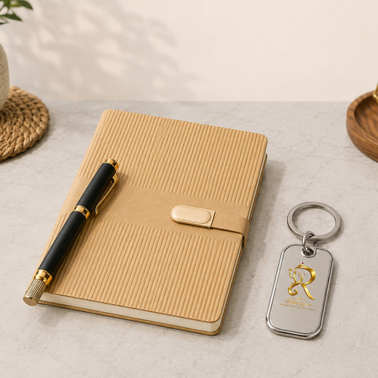 Textured Beige Executive Diary with Black-Gold Pen & Keychain