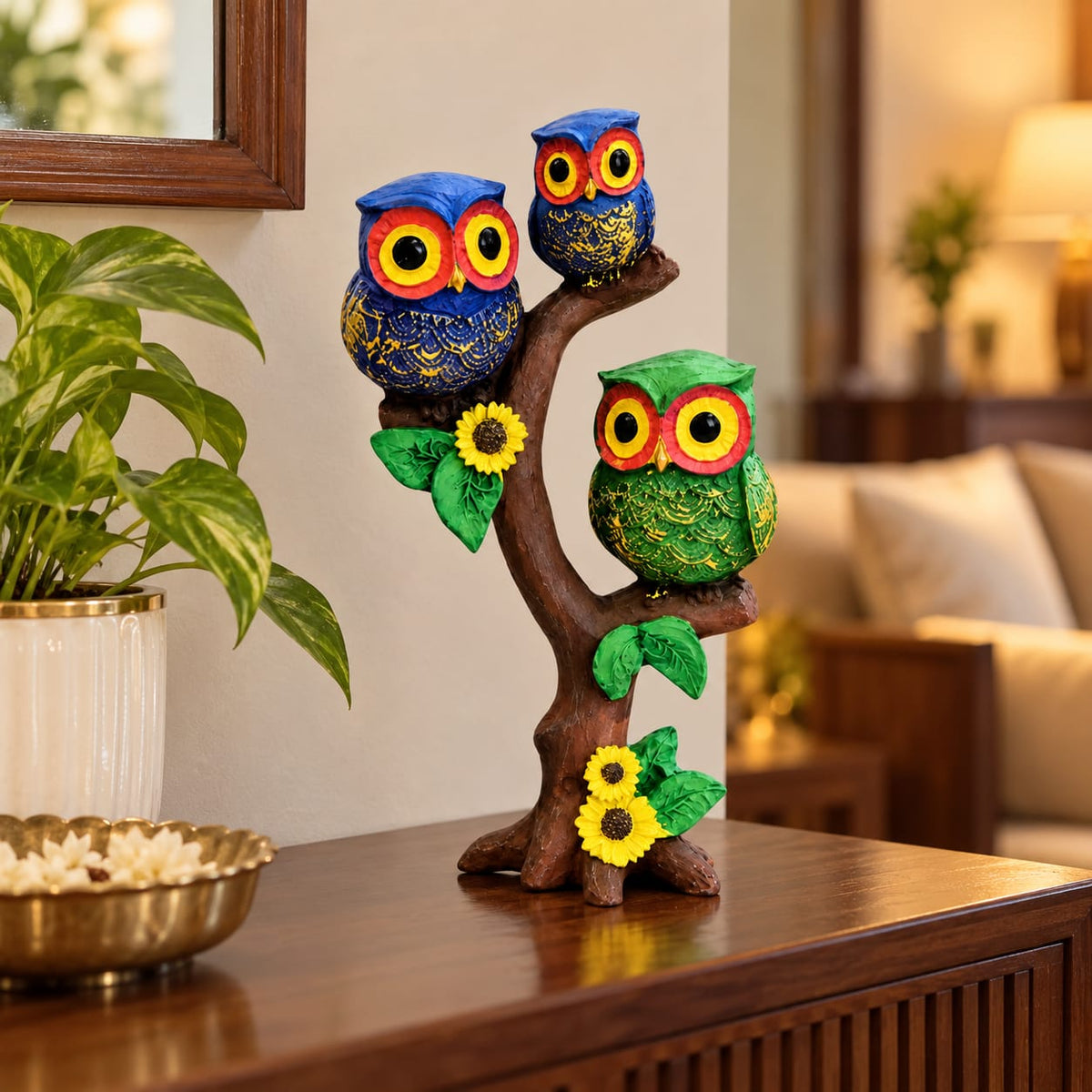 Tri-Color Owl Family on Branch Figurine