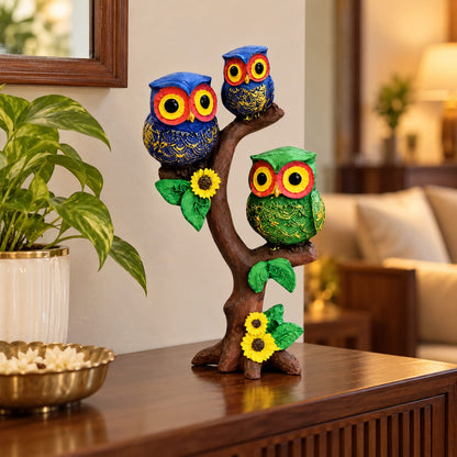 Tri-Color Owl Family on Branch Figurine