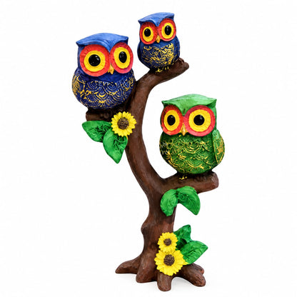 Tri-Color Owl Family on Branch Figurine