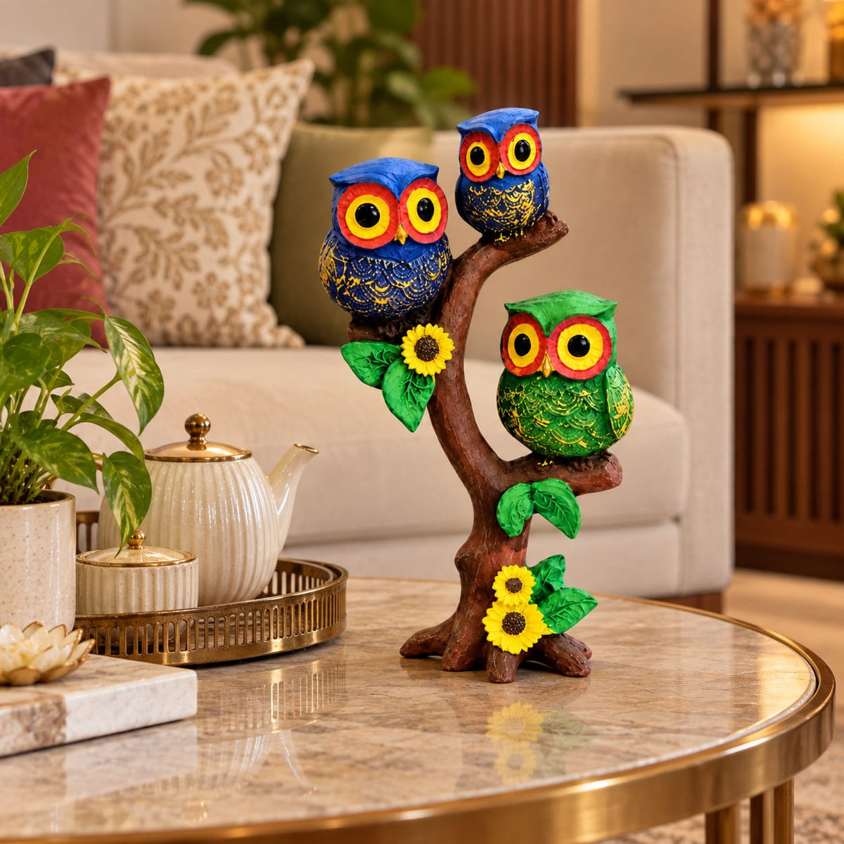 Tri-Color Owl Family on Branch Figurine