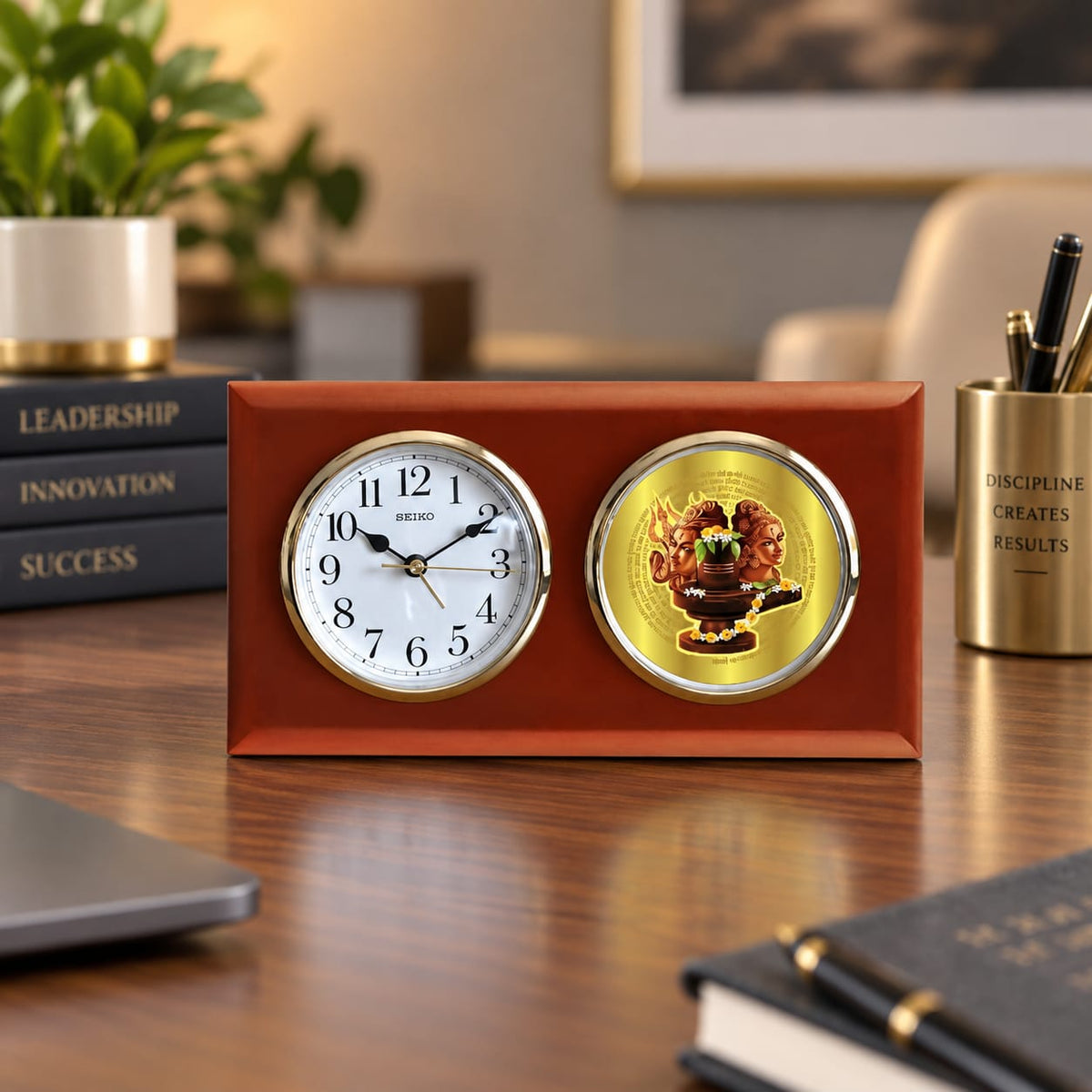 Wooden Desk Clock with Divine Dial Accent