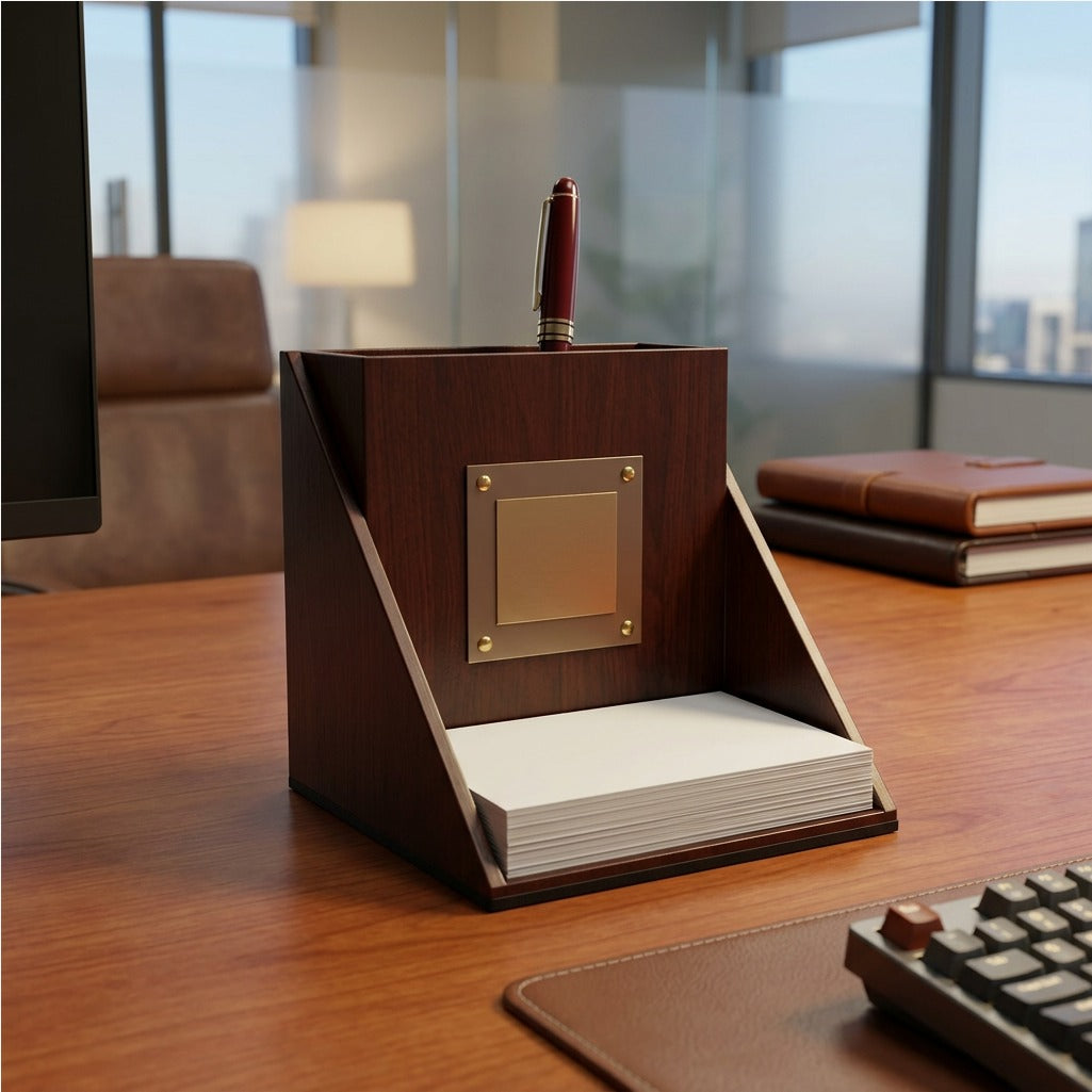 Wooden Desk Organizer with Metal Plaque