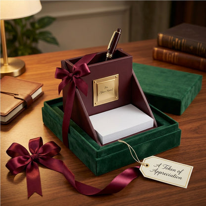 Wooden Desk Organizer with Metal Plaque