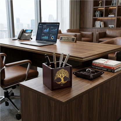 Wooden Pen Stand with Tree Foil Design