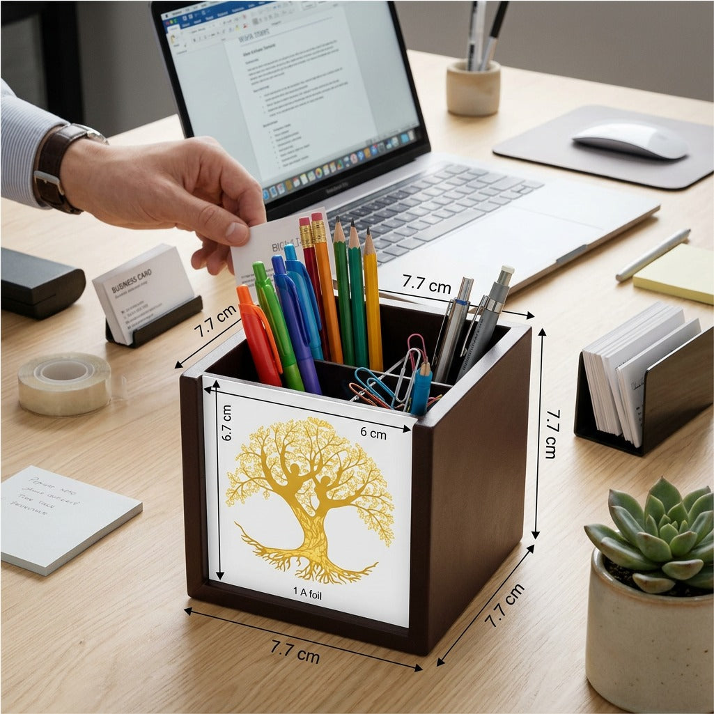 Wooden Pen Stand with Tree Foil Design