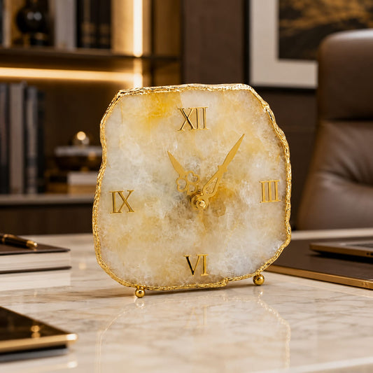Yellow Aventurine Gold-Rimmed Table Clock